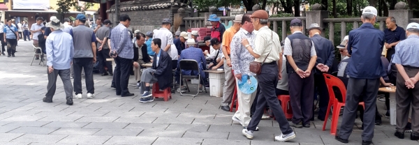 노인들이 장기나 바둑을 두고 있는 모습이에요. ⓒ 김민진 기자
