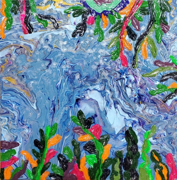 「물고기 놀이터 B」, 2020, 캔버스에 혼합재료, 45.5×45.5cm. ⓒ 휴먼에이드포스트