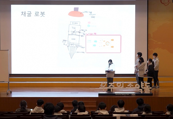 우주의 조약돌 1기 학생들이 달에서 자유롭게 이동하며 자원을 채취할 수 있는 비행형 채굴 로봇에 대해 설명하고 있다 ⓒ한화